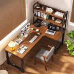 Chalk/Brown Minimalist L-Shape Distortion-resistant H-Shape Desk with Exterior Shelf and Wire Management in Natural Wood