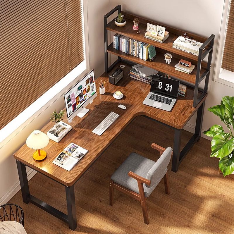 Chalk/Brown Minimalist L-Shape Distortion-resistant H-Shape Desk with Exterior Shelf and Wire Management in Natural Wood