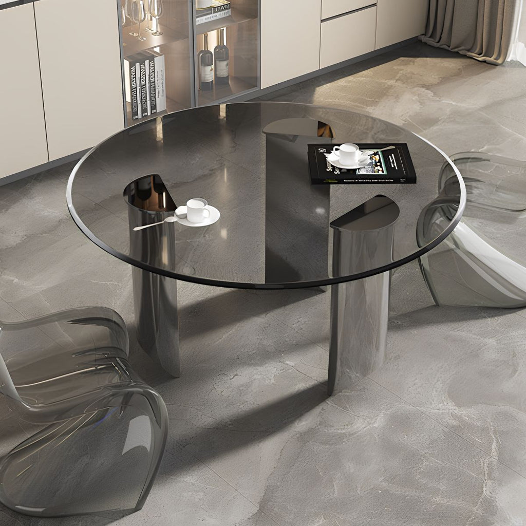 Art Deco Round Grey Glass Dining Table with Gloss Finish and Mirrored Surface, Seating for 6/8-person Seat/4-seater, Scratch-tolerant
