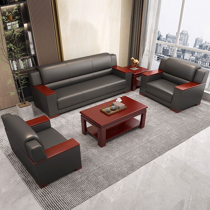 Simplistic Pleather Sofa Seating Group with Armrest in Natural Wood Finish