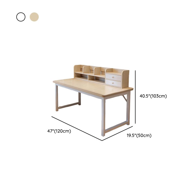 Modern Rectangular Laminate Writing Table with Chalk/Unfinished Color Drawers, Exterior Shelf, and Hutch