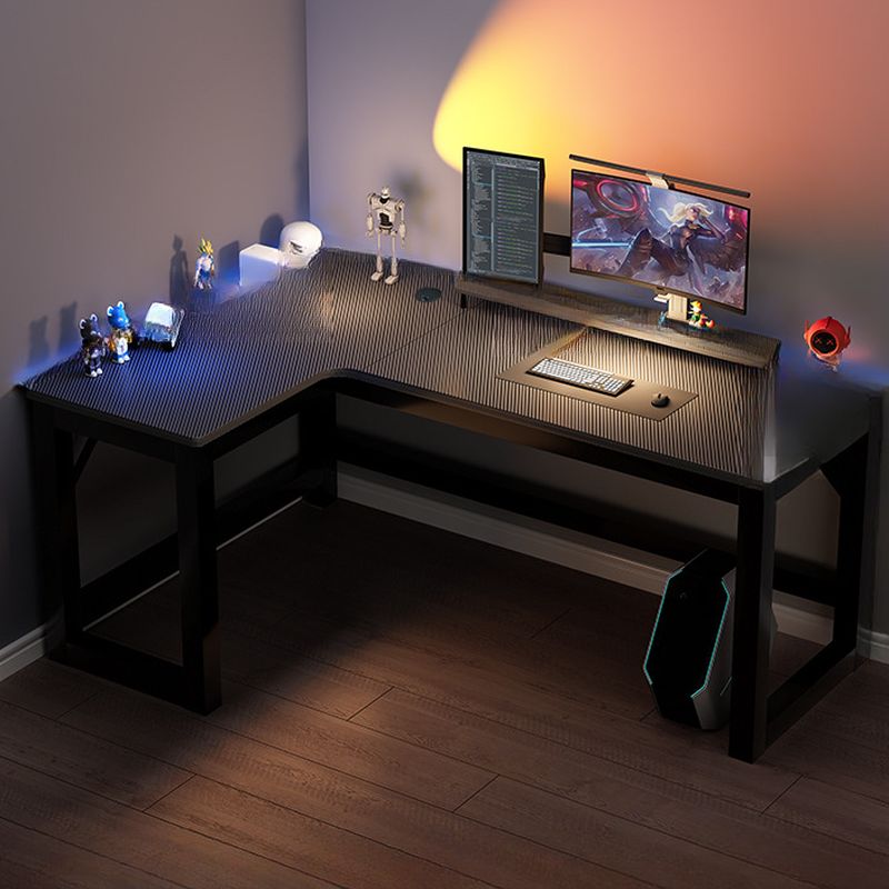 Minimalist L-Shape Auburn Gaming Computer Desk with Trestle Base, Independent Structure, and Wire Management in Manufactured Wood