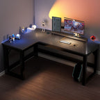 Minimalist L-Shape Auburn Gaming Computer Desk with Trestle Base, Independent Structure, and Wire Management in Manufactured Wood