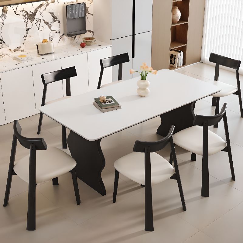Stone Dining Table with Ink Double Pedestal Base, Seating for 6/4-person Seat/Seating for 8, Anti-Fouling Sintered Stone Tabletop