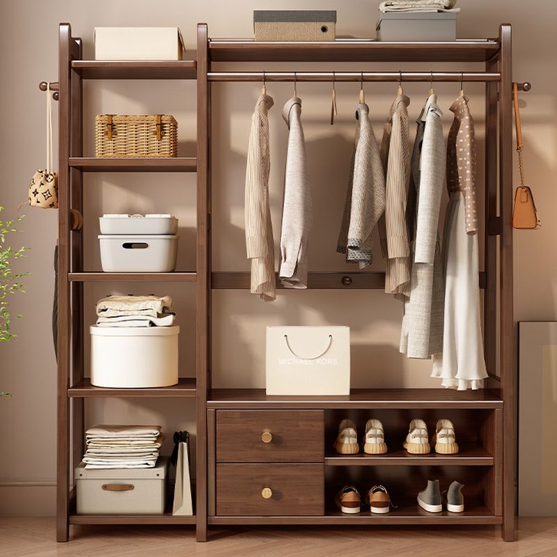 Modern Coat Tree with Stockroom Storage, 7 Shelves, Rubberwood Frame, and Wood Hook