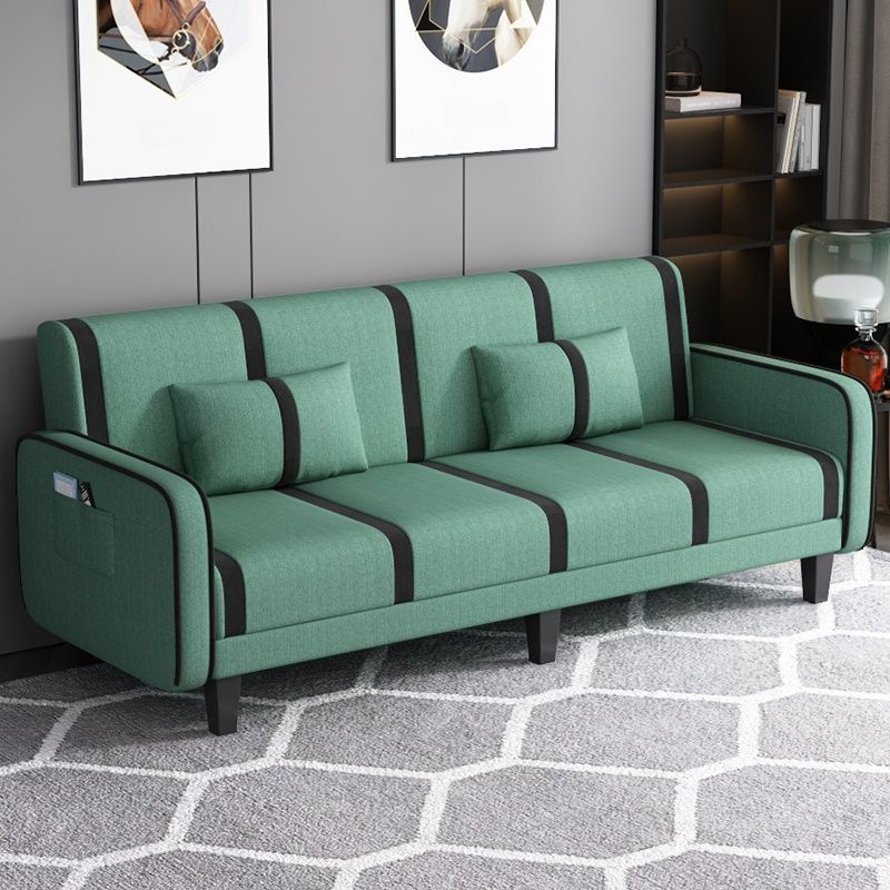 Striped Convertible Sofa in Pu Leather/Flannel with Cerulean/Light Brown/Off-White Upholstery and Armrest
