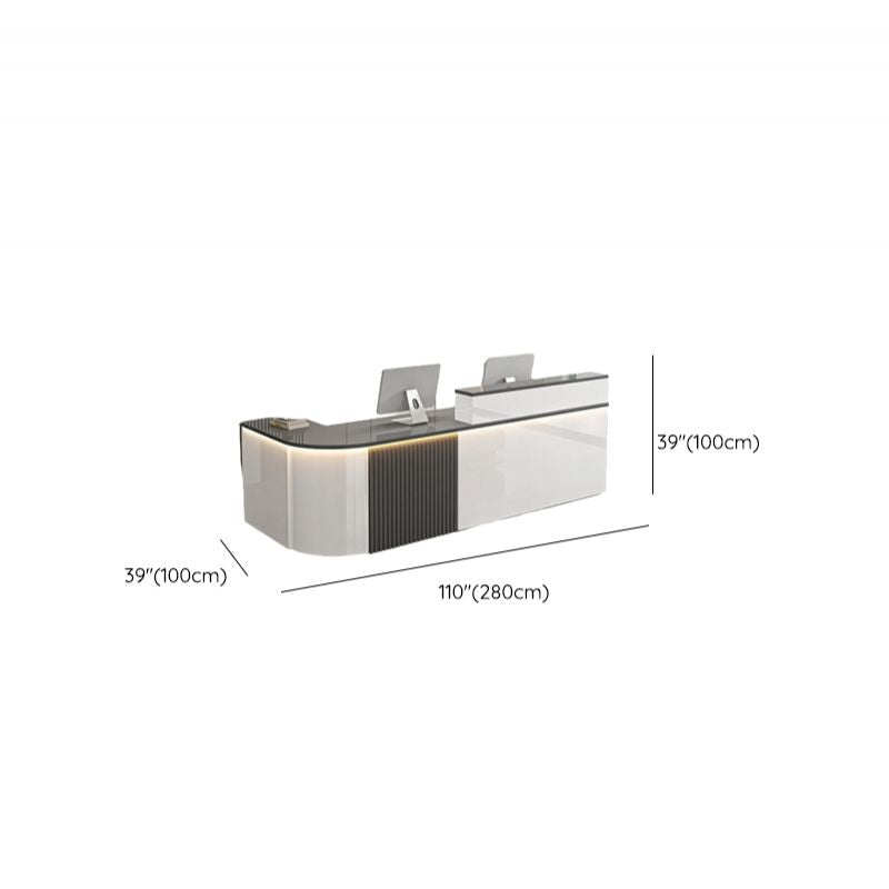 L-Shape Manufactured Wood Top Reception Desk with Hutch, Desk Return, Filing Cabinet & Keyboard Tray