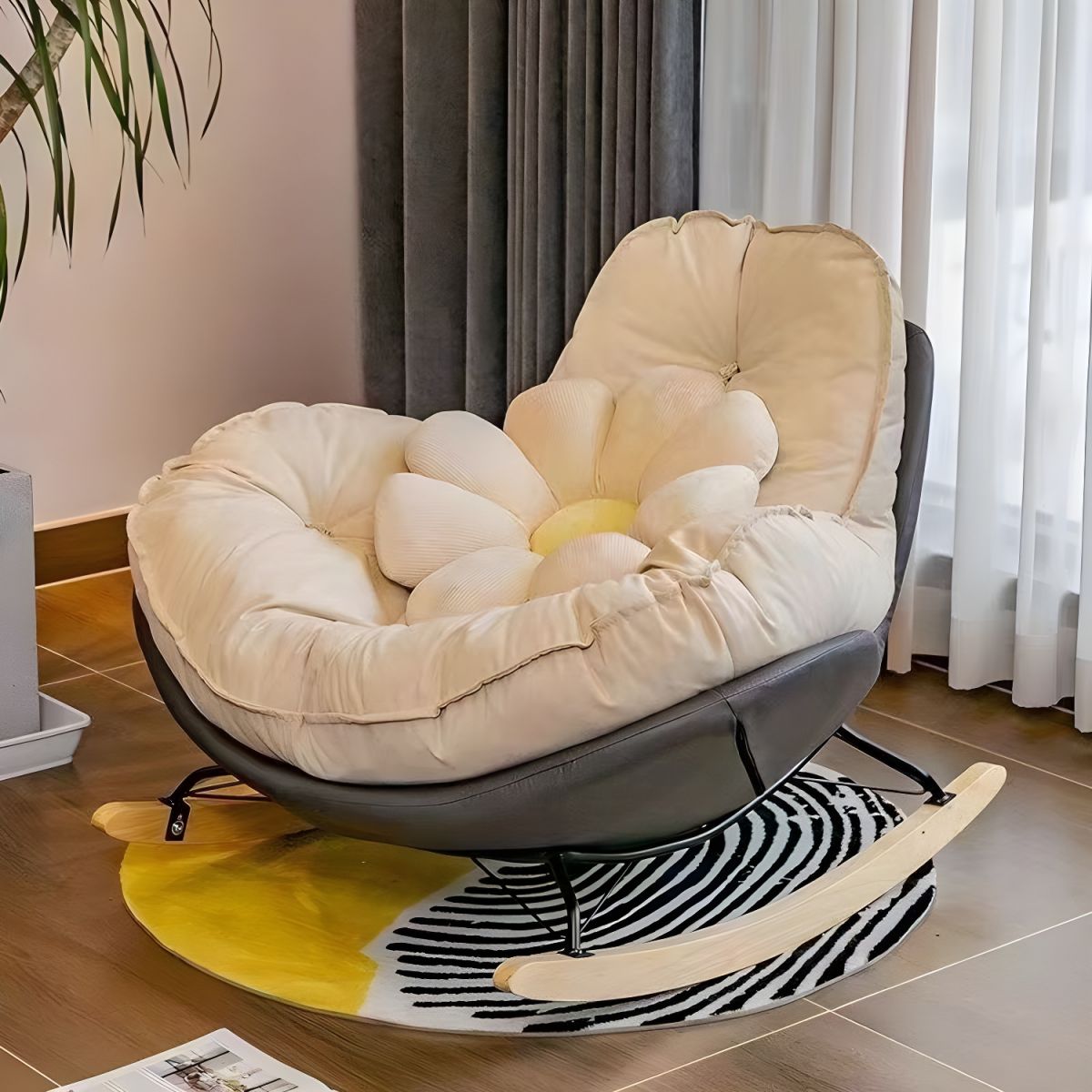 Modern Rocking Chair with Metal Frame and lint Upholstered, Solid Wood Legs and Armless Design