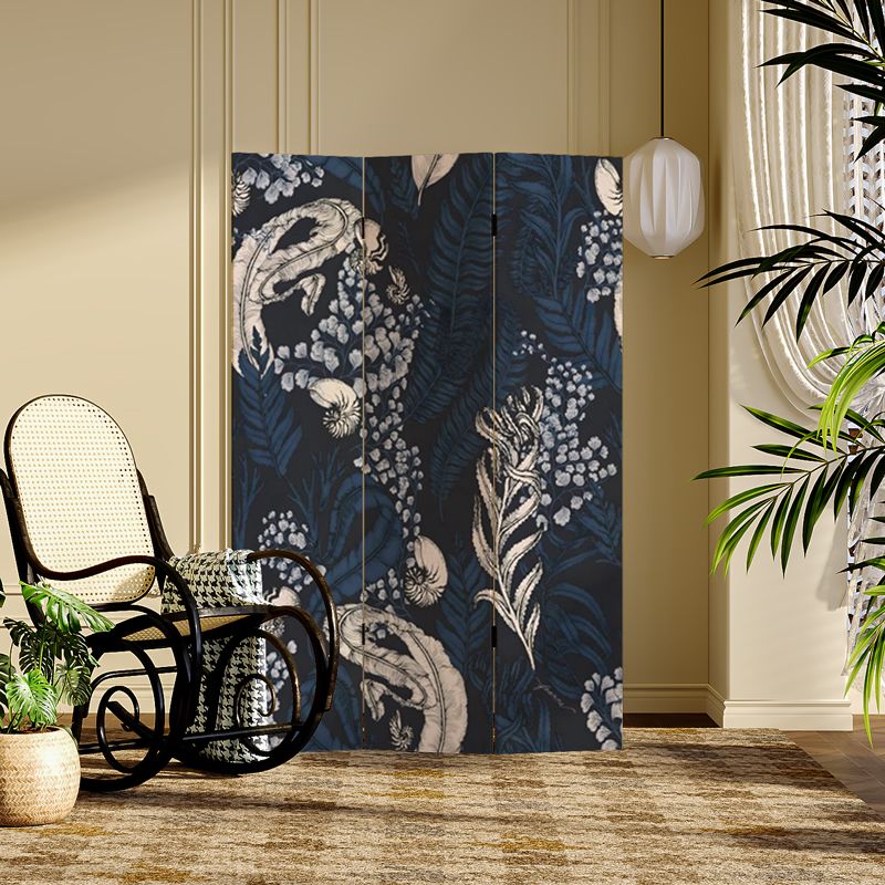 Navy Blue Opaque Foldable Temporary Wall Divider with Natural Wood Frame, 3/4 Panels, Double Sided Print, Standalone