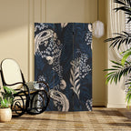Navy Blue Opaque Foldable Temporary Wall Divider with Natural Wood Frame, 3/4 Panels, Double Sided Print, Standalone