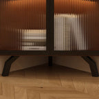 Simple Corner Accent Cabinet with Closet, Laminate, Glazed Door, and Brown Top