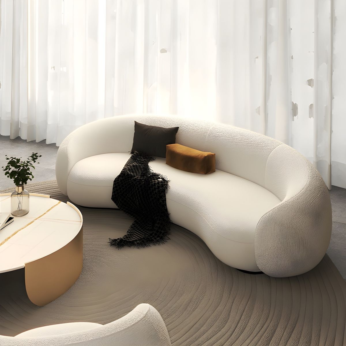 Contemporary Tight Back Settee Bench Curved Settee Couch in Grey/white