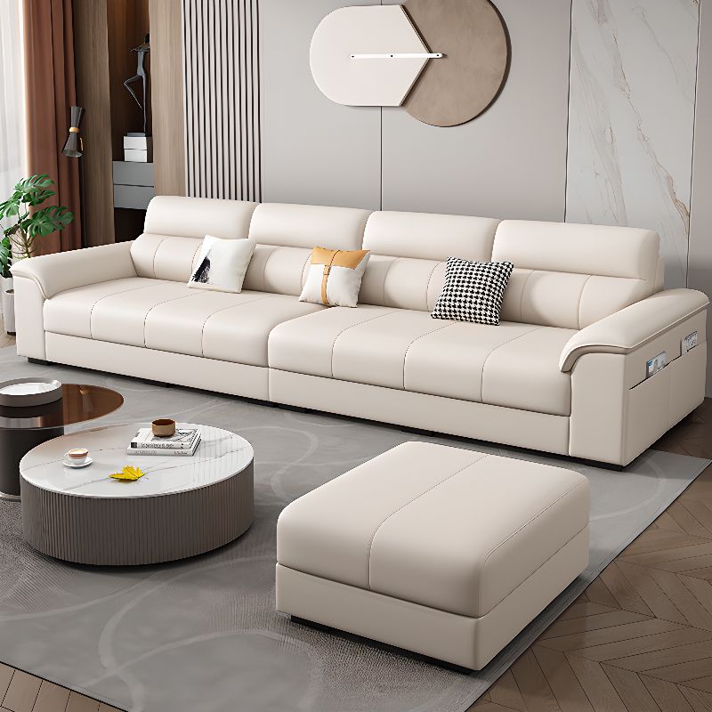 Contemporary Modern Solid Color Water Resistant Standard Sofa in White, 4-Seater with Receptacle Storage and 3 Pillows