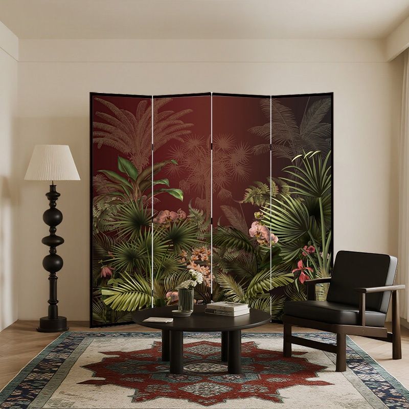 Screen Divider Minimalist Opaque Fold-up with Natural Wood Frame, 4 Panels, Double Sided Print, and Independent Design