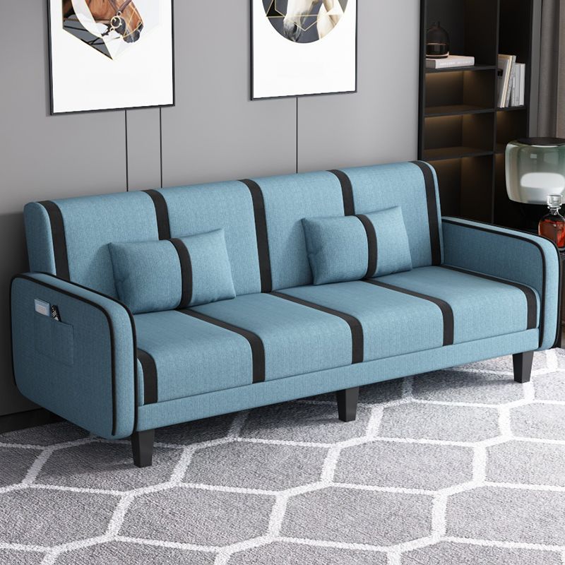 Striped Convertible Sofa in Pu Leather/Flannel with Cerulean/Light Brown/Off-White Upholstery and Armrest
