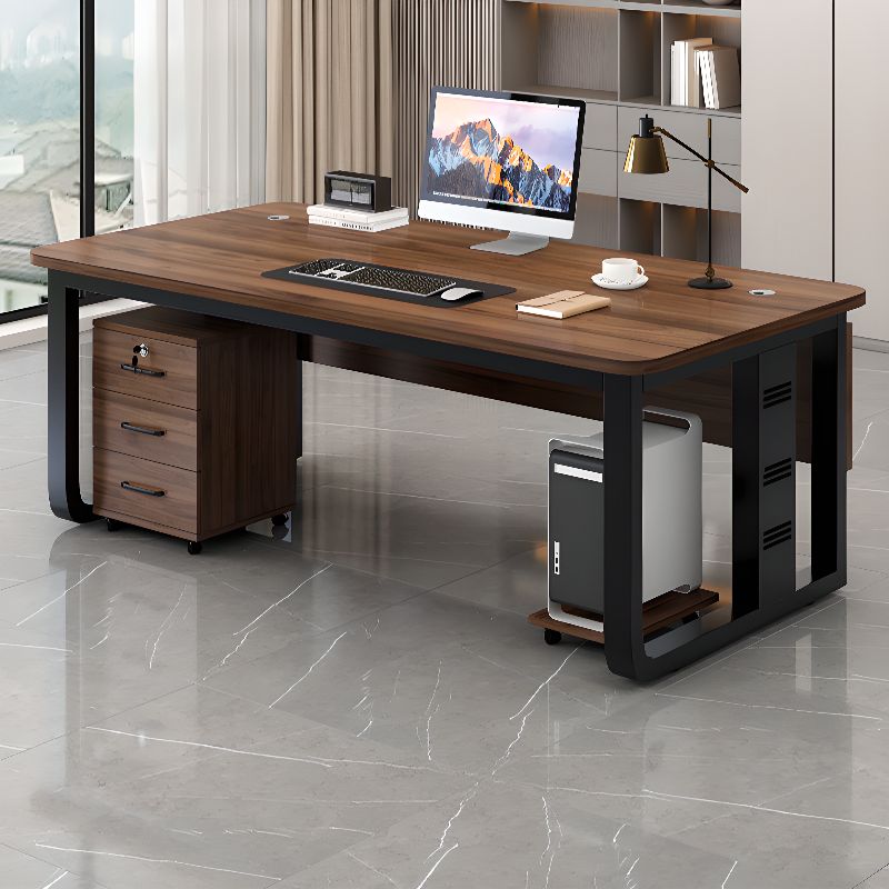 Alloy Sleigh Base Cocoa Rectangle Warp Resistant Office Desk, CPU Storage Included & Front Splash Included & Cable Management Included