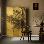 Lemon Color Opaque Fold-up Screen Divider with Natural Wood Frame, 3/4 Panels, Double Sided Print, and Independent Design