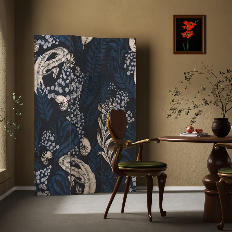 Navy Blue Opaque Foldable Temporary Wall Divider with Natural Wood Frame, 3/4 Panels, Double Sided Print, Standalone