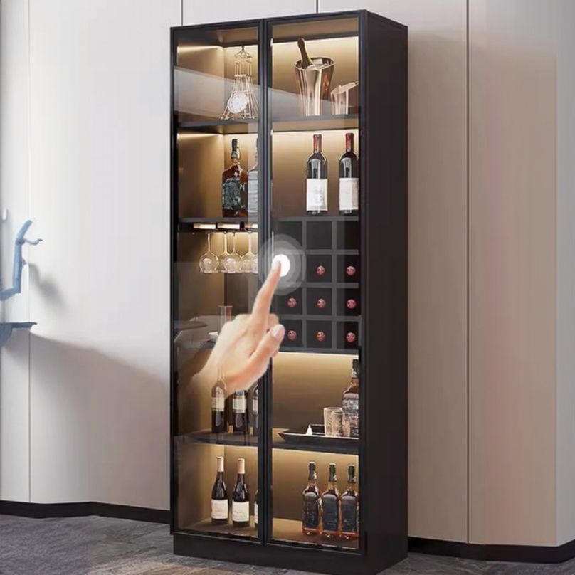 Flooring Confined Self-supporting Accent Cabinet in Wood with Glass Door, Locker, 5 Shelves and Culinary Equipment Storage for Drawing Room in a Modish Style
