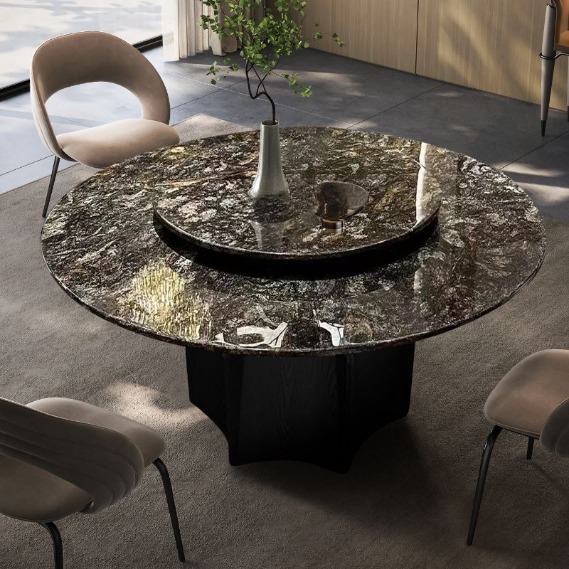 Circular Marble Top Dining Table with Genuine Wood Single Pedestal and Lazy Susan in Ink, Scratch-immune, 4-person Seating/Seating for 6/8 People