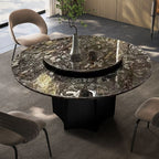 Circular Marble Top Dining Table with Genuine Wood Single Pedestal and Lazy Susan in Ink, Scratch-immune, 4-person Seating/Seating for 6/8 People
