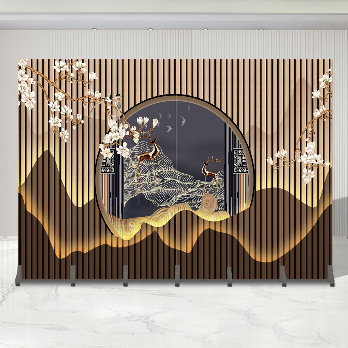 Indoor Opaque Folding Natural Wood Temporary Wall Panels with 6 Panels, Double Sided Print, and Self-supporting Design