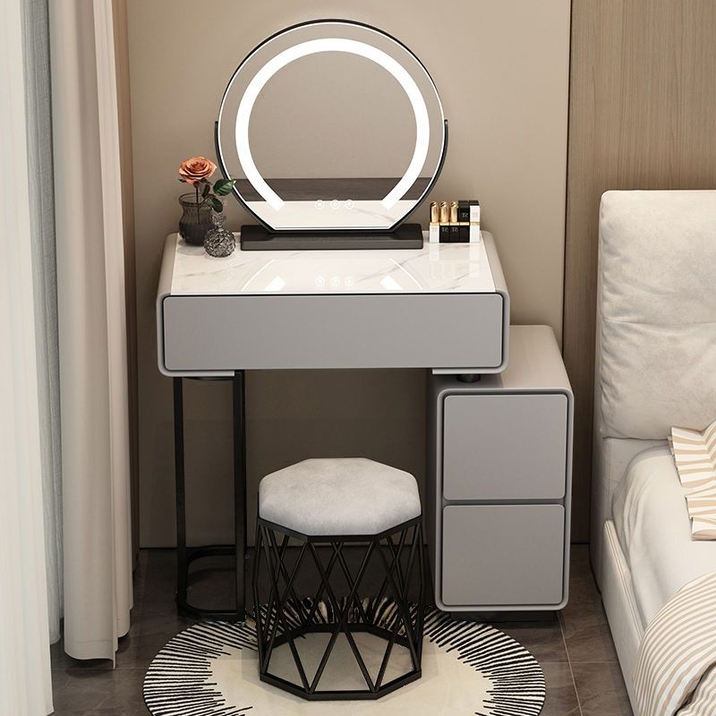 Modish Small Vanity Set/Makeup Vanity in Light Gray/White with 3 Drawers, Alloy Frame, Light Up Mirror, and Chair