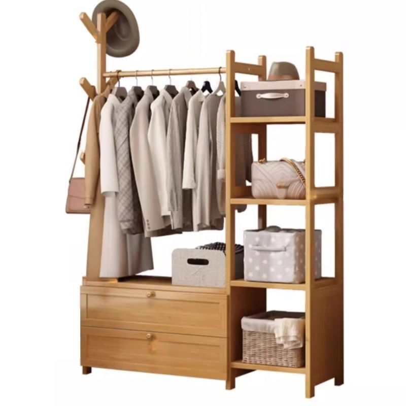 Natural Color Contemporary Laminate Coat Rack with Receptacle, 7 Shelves/3 Shelves, and Wood Hook