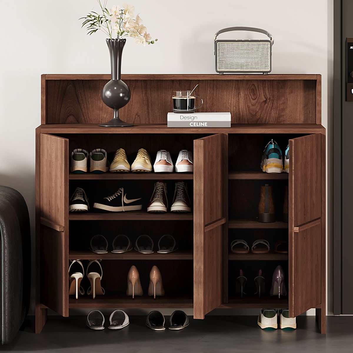 Auburn Modern Engineered Wood 4 Tiers Shoe Console with Shelf, Gate, and Closed Back