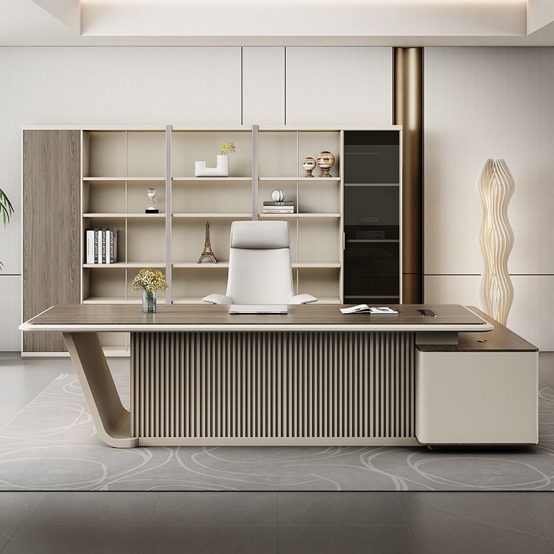 Scratch-proof Desk with 2 Drawers, Cabinet, Dual Footing Base, Exterior Shelf, Cable Management, Front Splash, and Cooling Hole