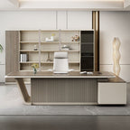 Scratch-proof Desk with 2 Drawers, Cabinet, Dual Footing Base, Exterior Shelf, Cable Management, Front Splash, and Cooling Hole