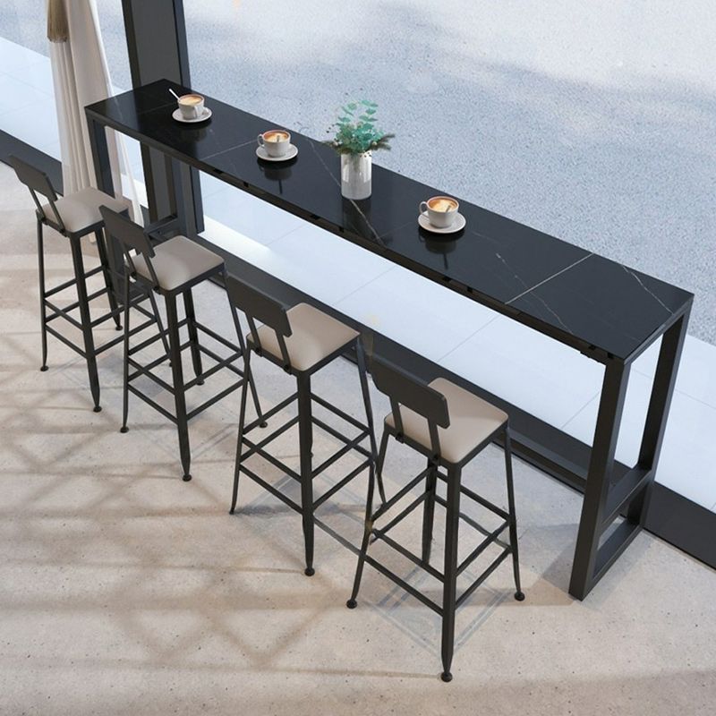 Rectangular Modern Stone Top Bar Table Set with Trestle Base and Backrest Barstools