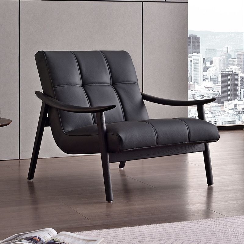 Simplistic Solid Color Arm Chair with Fixed Back in Faux Leather Ink/Cocoa with Arms