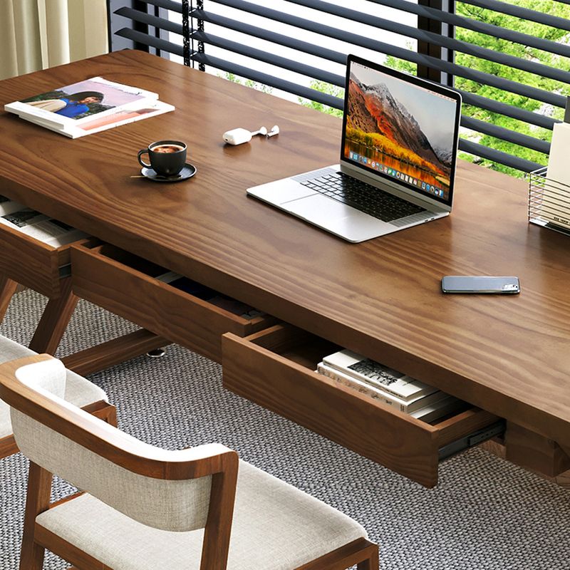 Casual Writing Desk with Easy Assembly, Scratch-proof Double Pedestal Base in Sepia with Foot Pad and Pine Wood Top