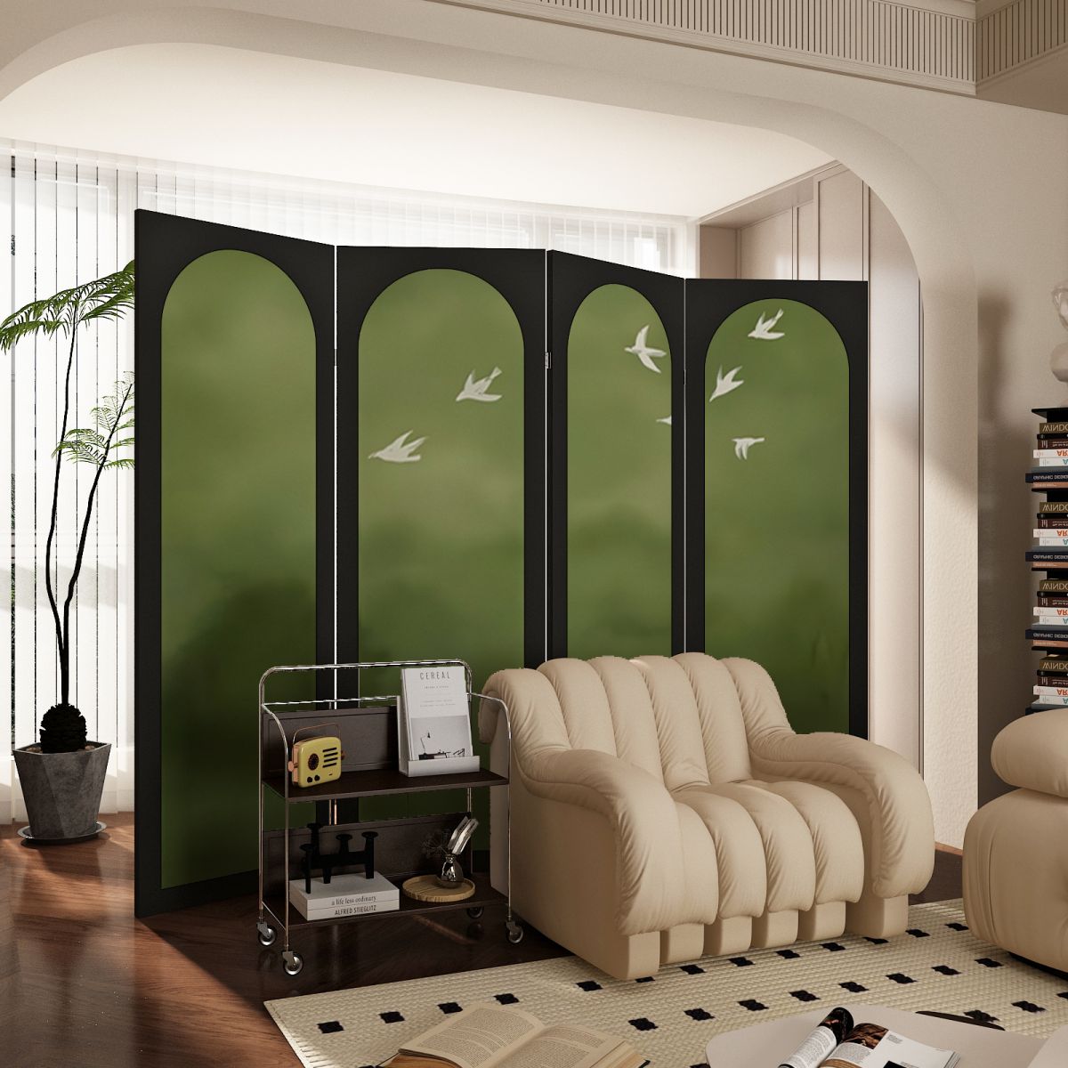 Sage Opaque Fold-up Screen Divider with Natural Wood Frame, 4 Panels, Double Sided Print, and Independent Design