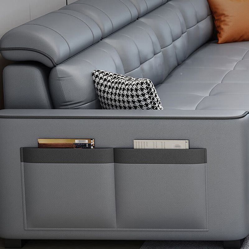 Modish Solid Color Stain Resistant Standard Sofa in Light Gray, Seats 5/4/3 with Receptacle and 2 Pillows