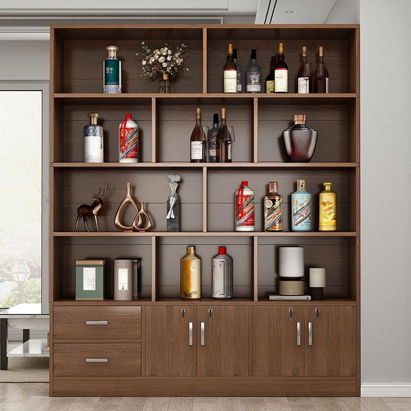 Sepia Flooring Display Stand with 5 Shelves, Secured Cabinet, and Drawers