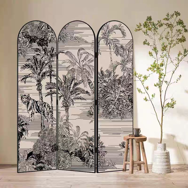 Indoor Opaque Collapsible Natural Wood Room Screen with 3 Panels, Double Sided Print, and Freestanding Design