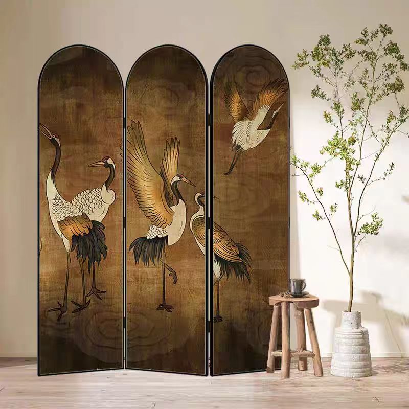 Indoor Opaque Collapsible Natural Wood Room Screen with 3 Panels, Double Sided Print, and Freestanding Design