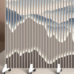 Indoor Opaque Collapsible Temporary Wall with Wheels, Natural Wood Frame, 6 Panels, and Double Sided Print