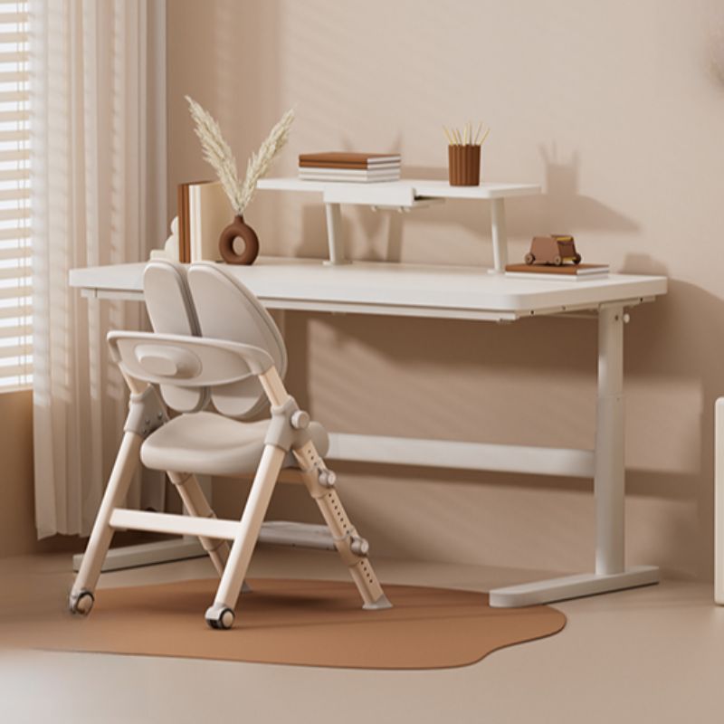 Bend-resistant Trestle Base Table with 1 Drawer, 1 Shelf, Manual Height Adjustment, Chalk Top, and Self-supporting Bookcase