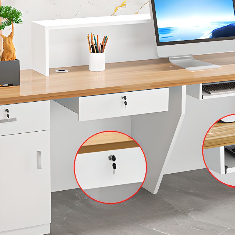Reception Desk with 1 Cabinet, Hutch, Keyboard Tray, Cable Management, Filing Cabinet, Manufactured Wood Top, and 1 Drawer Pedestal