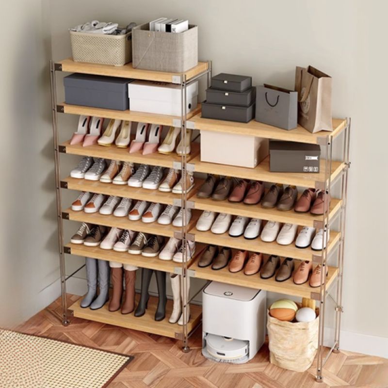 Art Deco Solid Wood Rectangle Shoe Rack with Nature Finish and Adjustable Shelves for 11-20 Pairs in Drawing Room