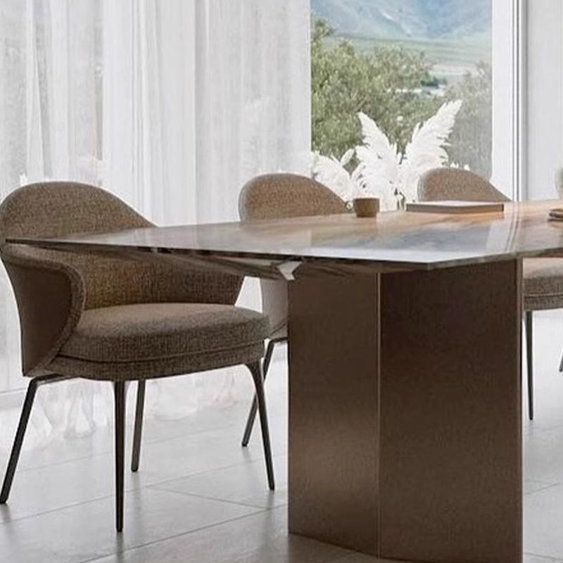 Casual Marble Dining Table with Stainless Alloy Base, Fixed Table Mechanism in Light Natural Brown, Scratch-shielded for 6-person Seat/8 People/4 People, Featuring Material Combination