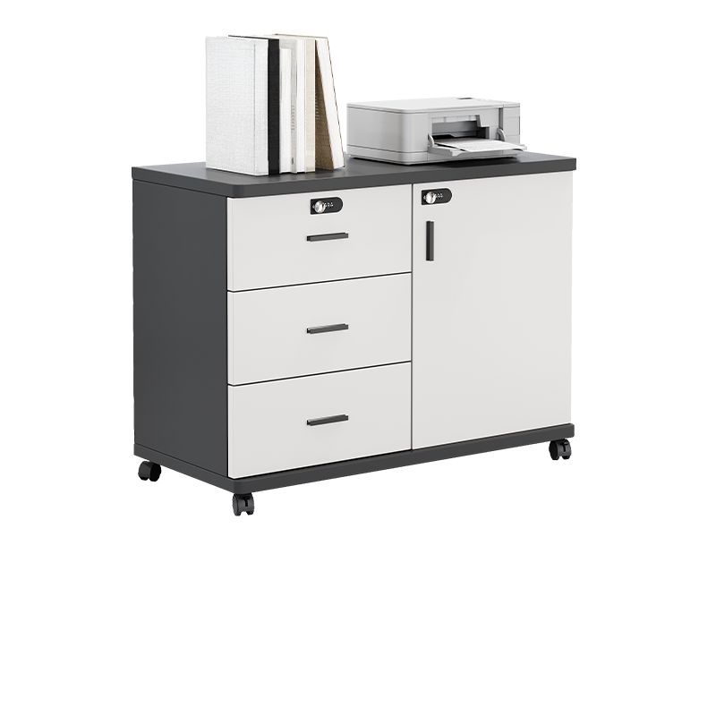 Scratch Resistant Manufactured Wood Supplies Cabinet with Roller Wheels, Shelves, Drawers, and Locking Door in 3-Wide/2-Wide Compartments