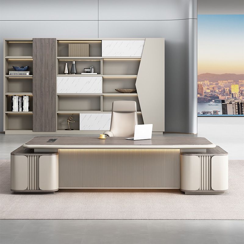 Moisture Resistant Desk with 4 Drawers and Cabinet, Featuring Dual Footing, 1 Exterior Shelf, Cable Management, Front Splash, and Cooling Hole