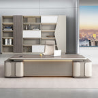 Moisture Resistant Desk with 4 Drawers and Cabinet, Featuring Dual Footing, 1 Exterior Shelf, Cable Management, Front Splash, and Cooling Hole