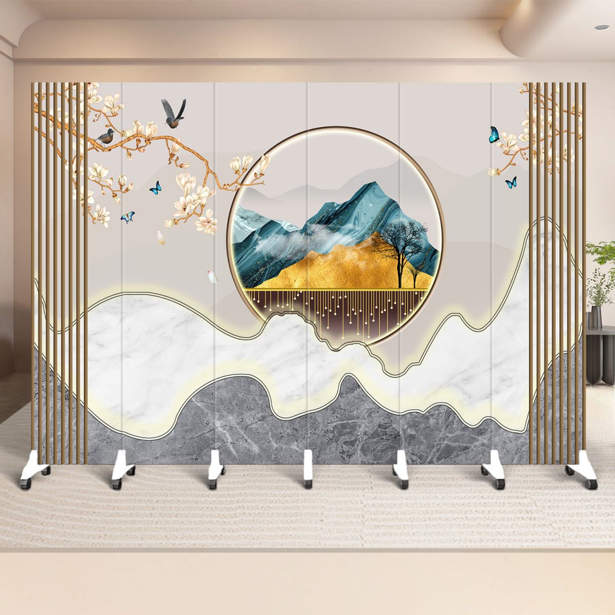 Indoor Opaque Folding Natural Wood Temporary Wall Panels with 6 Panels, Double Sided Print, and Self-supporting Design