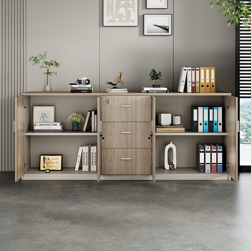 Caramel Trendy Manufactured Wood Supplies Cabinet with Shelves, Locker, Locking Door, and 2-Wide/5-Wide/4-Wide Compartments