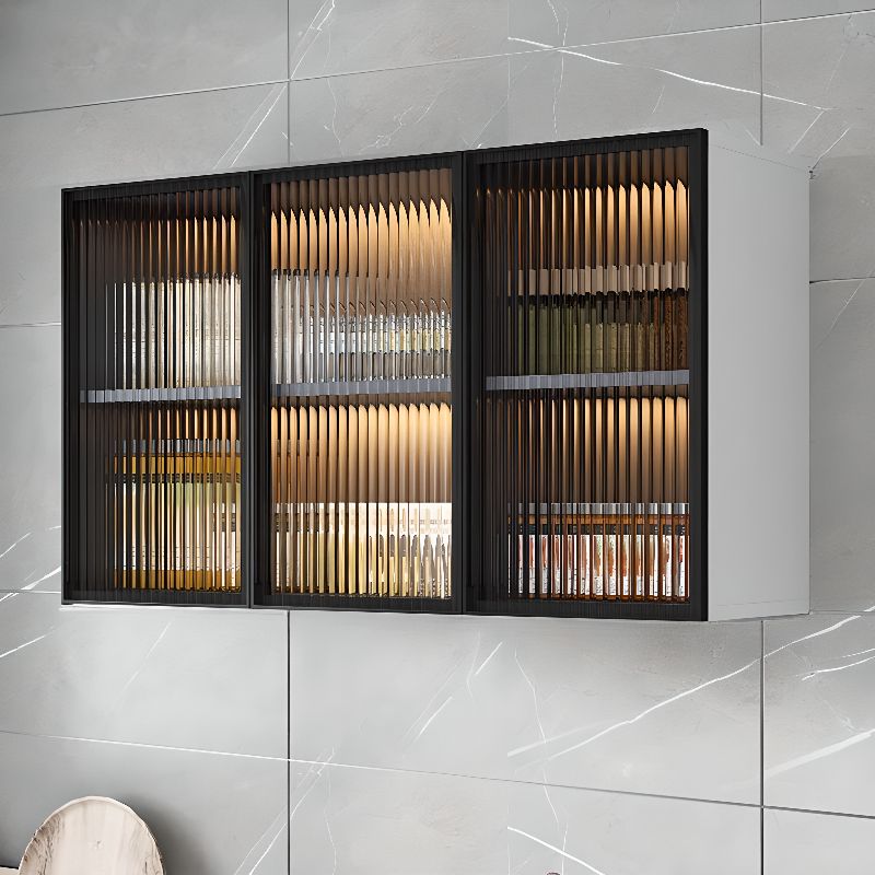 Glass Doors Solid Wood Wall Mount Display Stand with 2 Shelves for Small Kitchen in a Modish Style